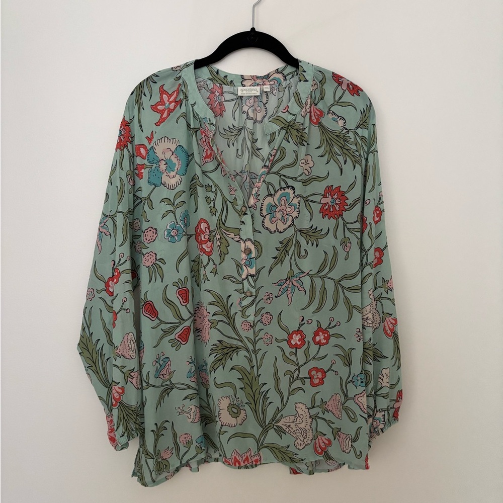 Spartina 449 Mint Green Floral Button-Front Blouse